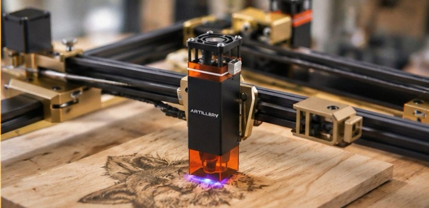 Artilume T1 laser engraver with its enclosure fitted over the foldable frame on a workbench