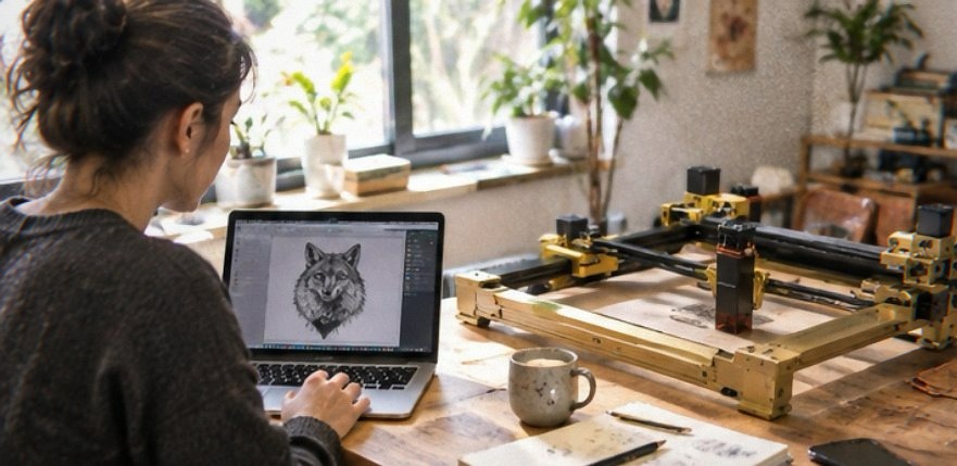 Artilume T1 laser engraver with its enclosure fitted over the foldable frame on a workbench
